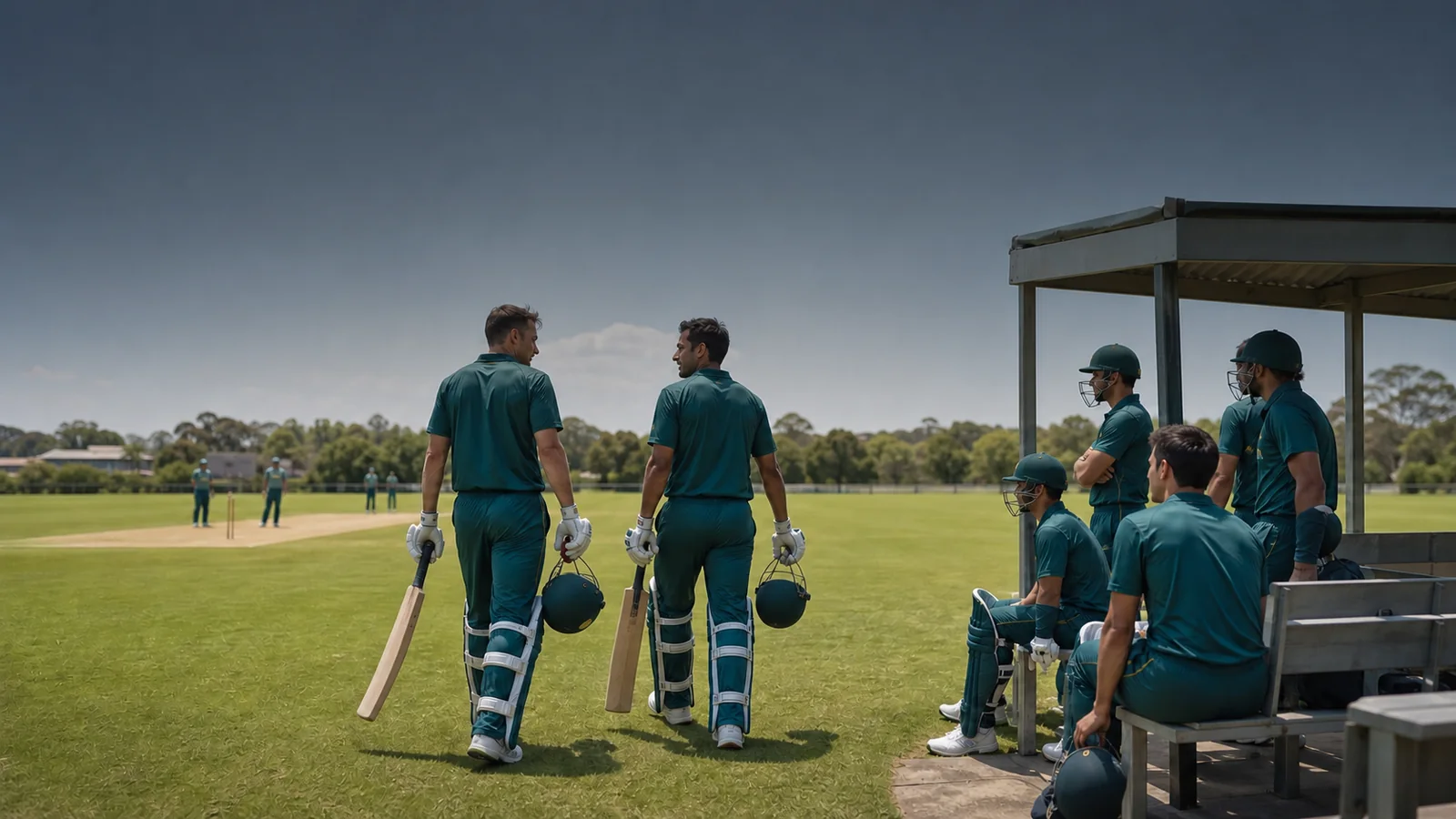 Two fictional opening batters walk toward the pitch while teammates wait in the dugout