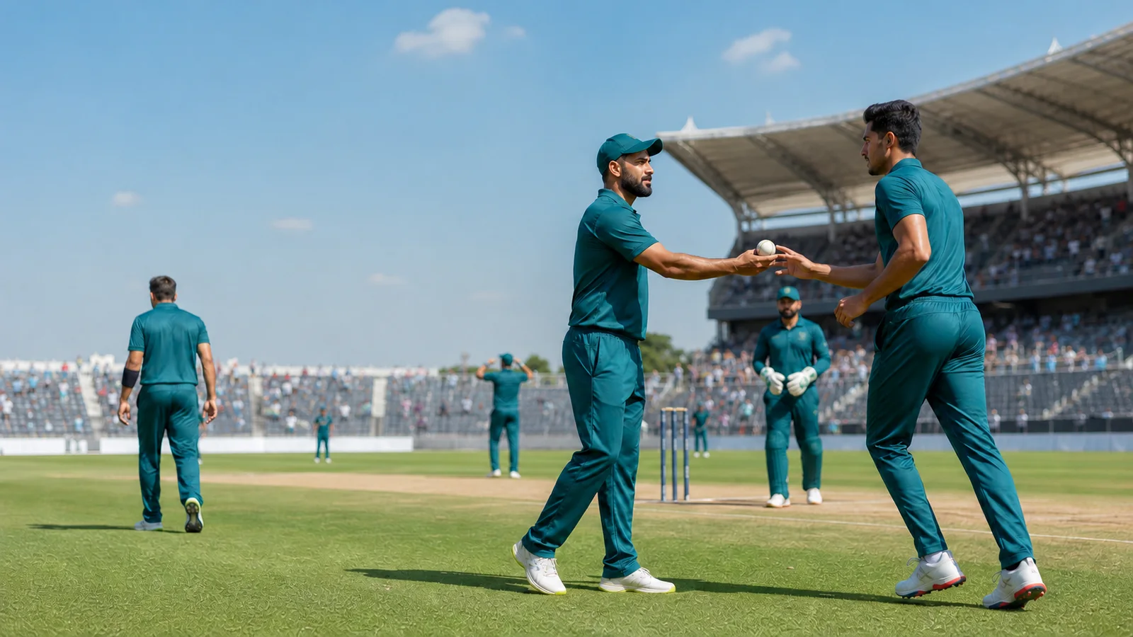 A fictional cricket captain hands the ball to a fresh fast bowler as the previous bowler leaves the attack