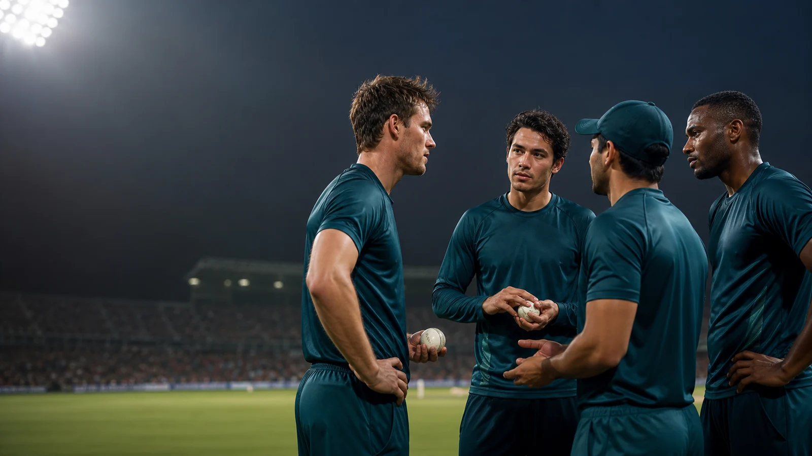 Four fictional cricketers discuss a bowling change beside the field during an evening match