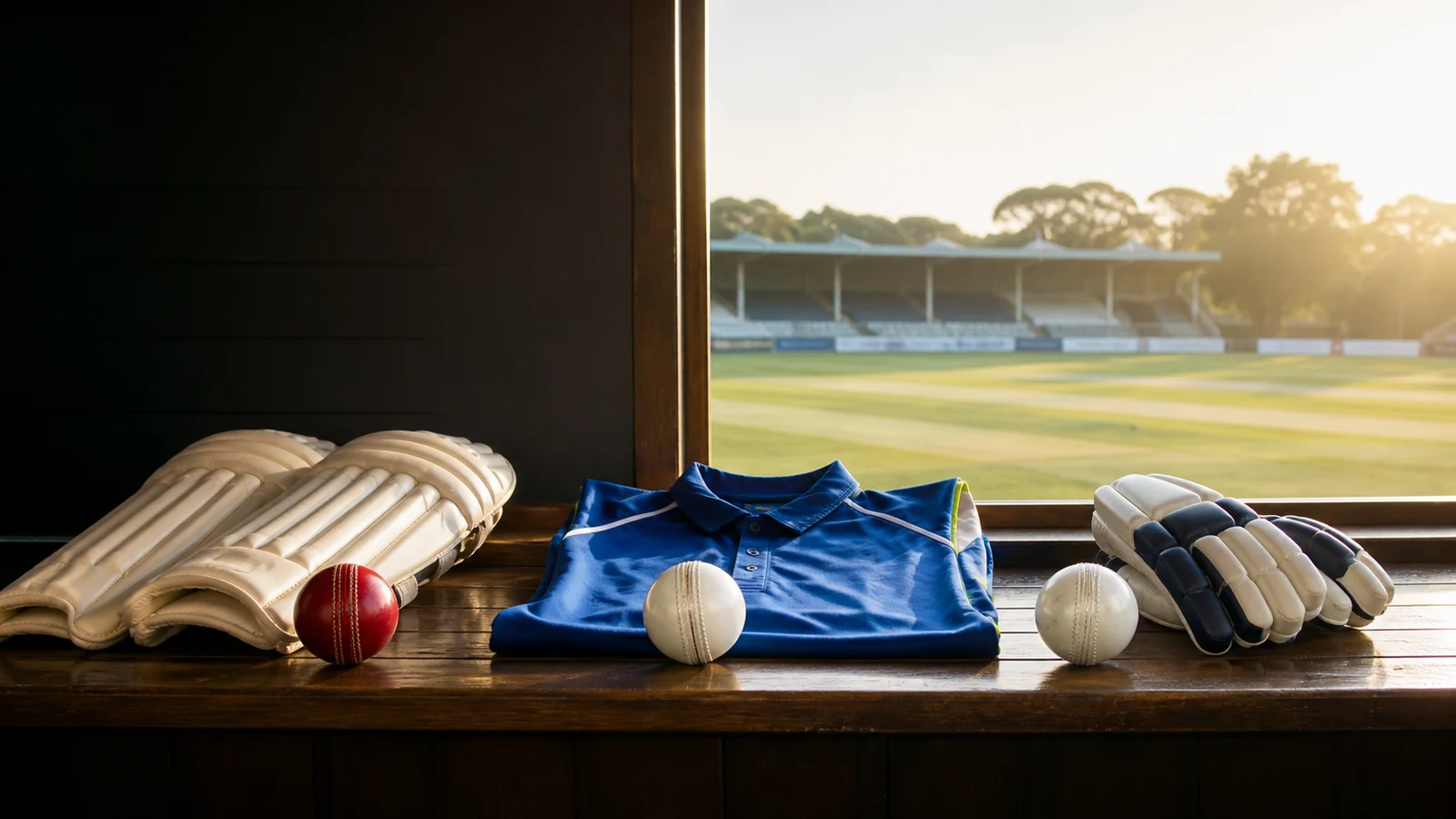 Unbranded red and white cricket balls with generic Test and limited-overs equipment beside a cricket ground