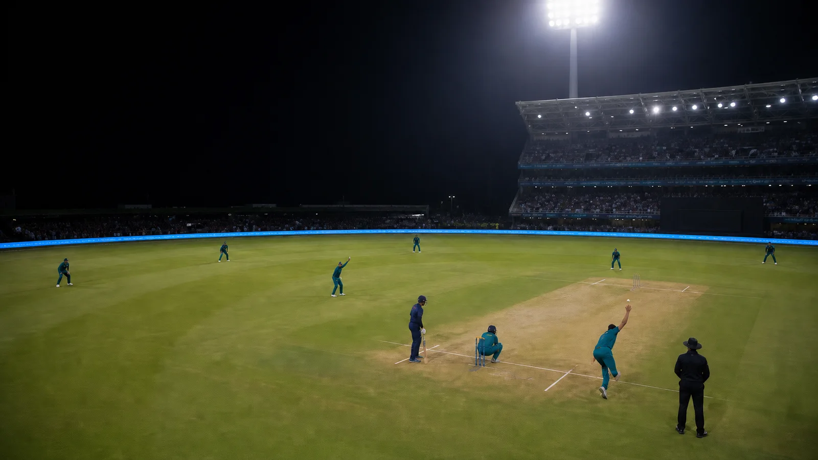 A fictional fast bowler delivers under floodlights with five fielders spread around the boundary