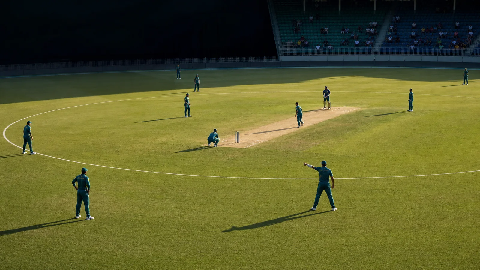 A fictional ODI captain points while fielders spread around the boundary and 30-yard circle