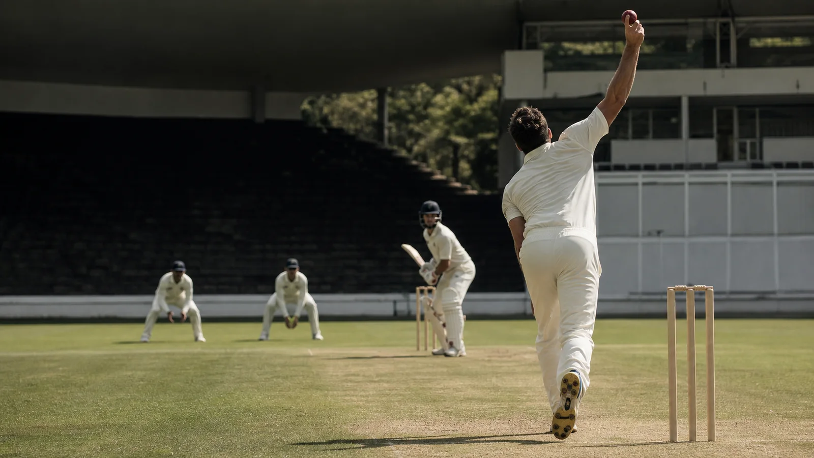 A fictional Test fast bowler attacking a batter with slips waiting behind A fictional Test fast bowler attacking a batter with slips waiting behind
