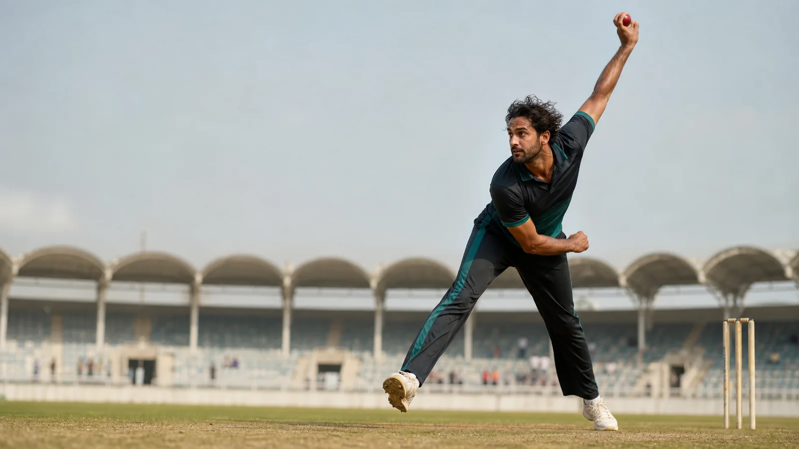 A fictional fast bowler delivering at a generic overseas Test ground A fictional fast bowler delivering at a generic overseas Test ground