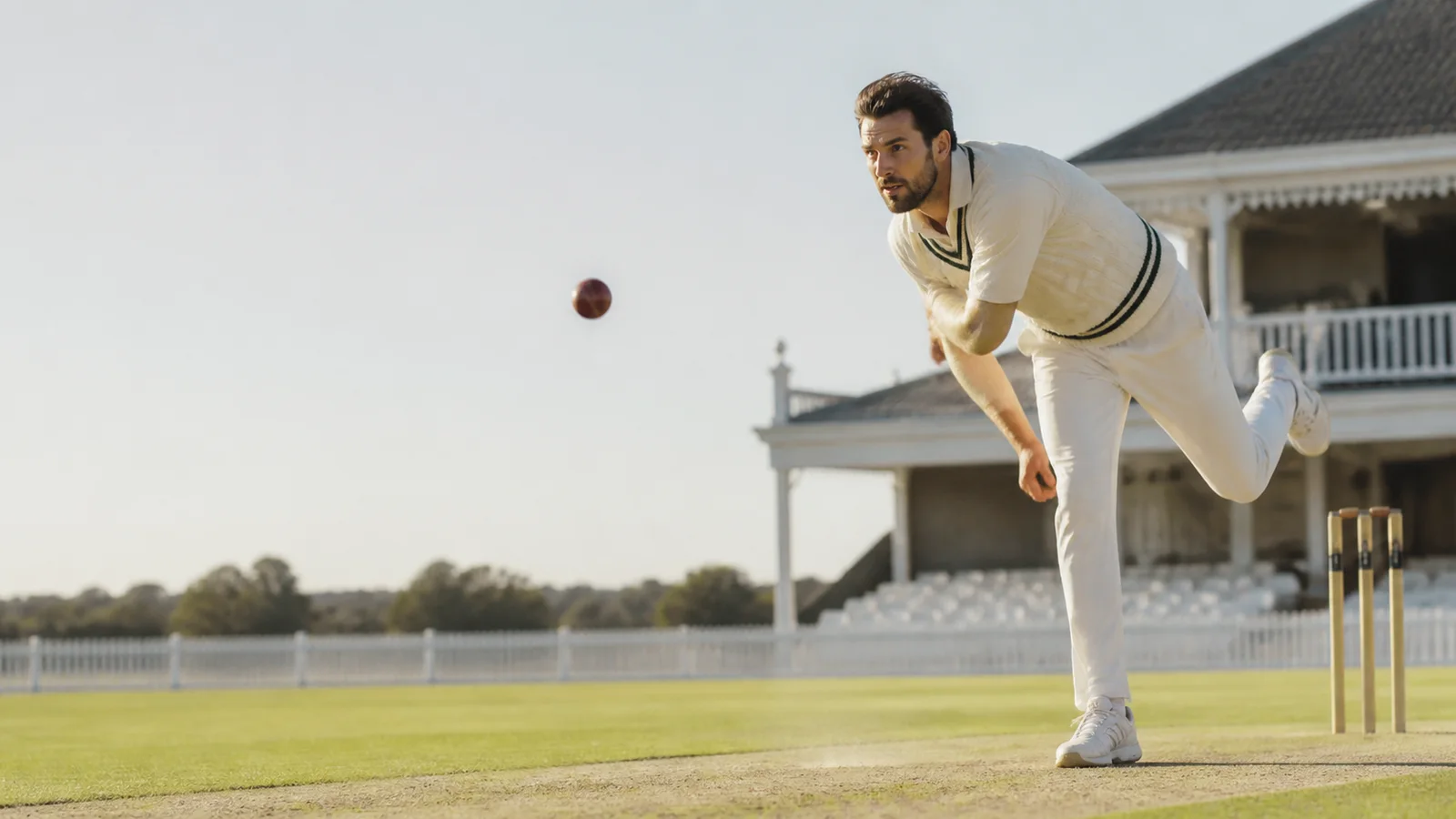 A fictional Test fast bowler delivering on a timeless cricket ground