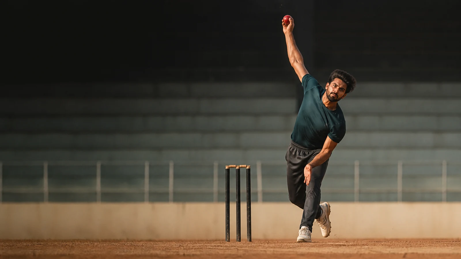 A fictional fast bowler delivering on a dry worn Test pitch in warm conditions A fictional fast bowler delivering on a dry worn Test pitch in warm conditions