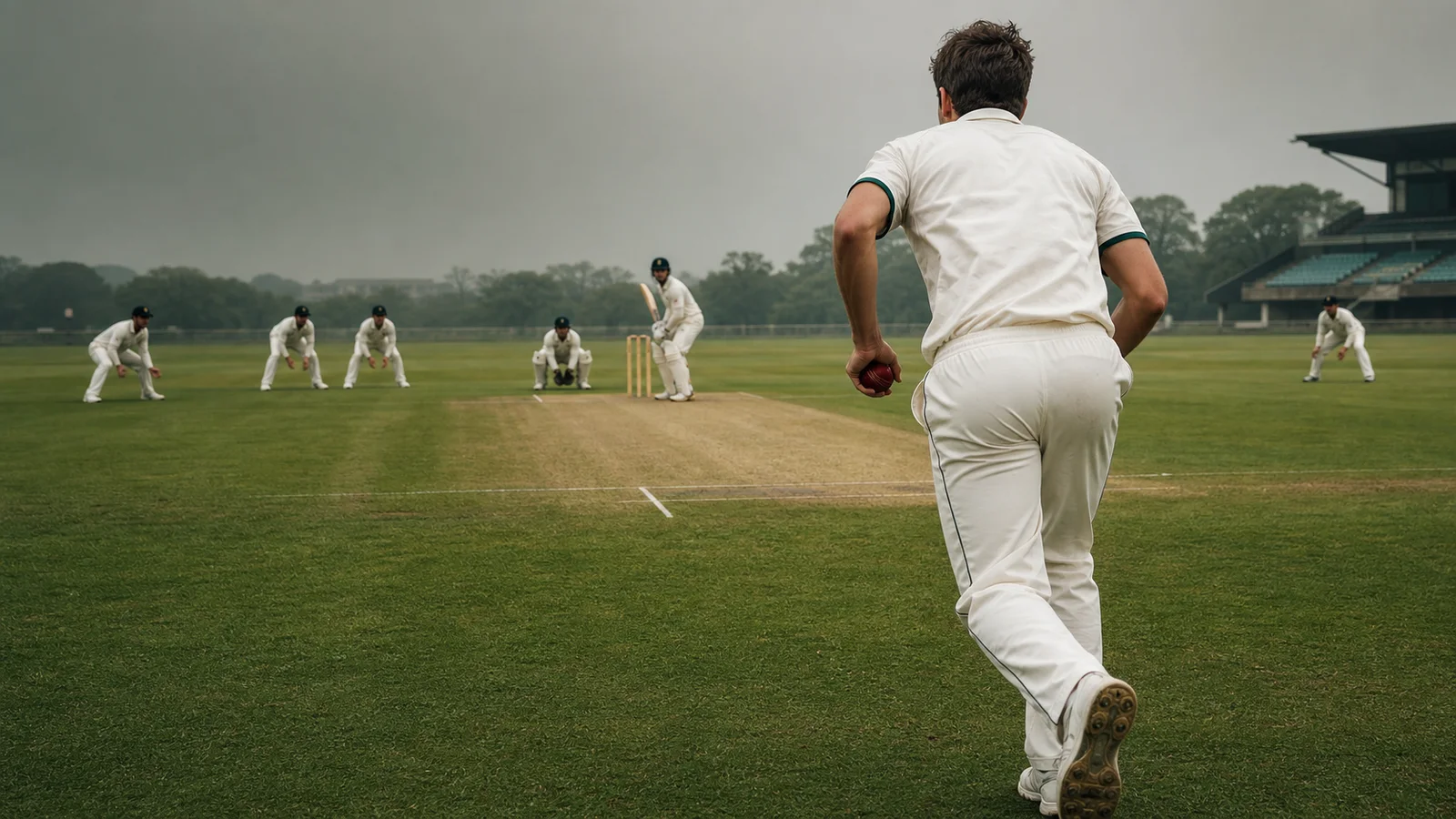A fictional fast bowler runs toward a batter with a wicketkeeper and slip cordon ready behind the bat
