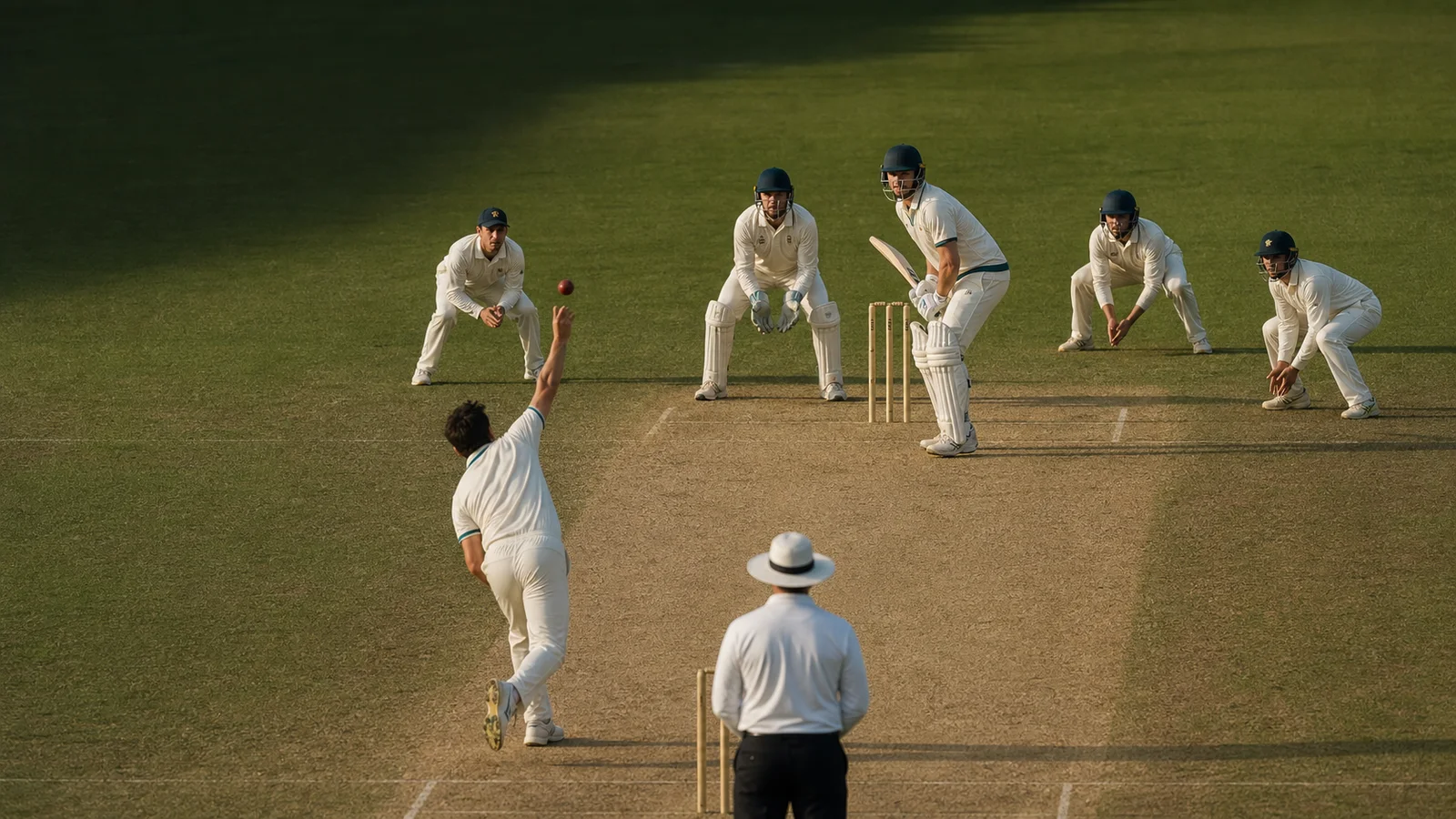 A fictional spin bowler delivers with a wicketkeeper and close catchers surrounding the batter
