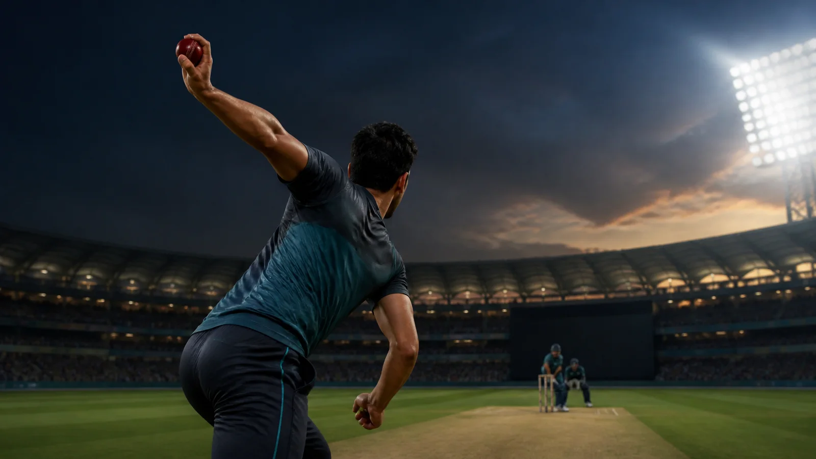 A fictional left-arm fast bowler delivering a red cricket ball in a stadium A fictional left-arm fast bowler delivering a red cricket ball in a stadium