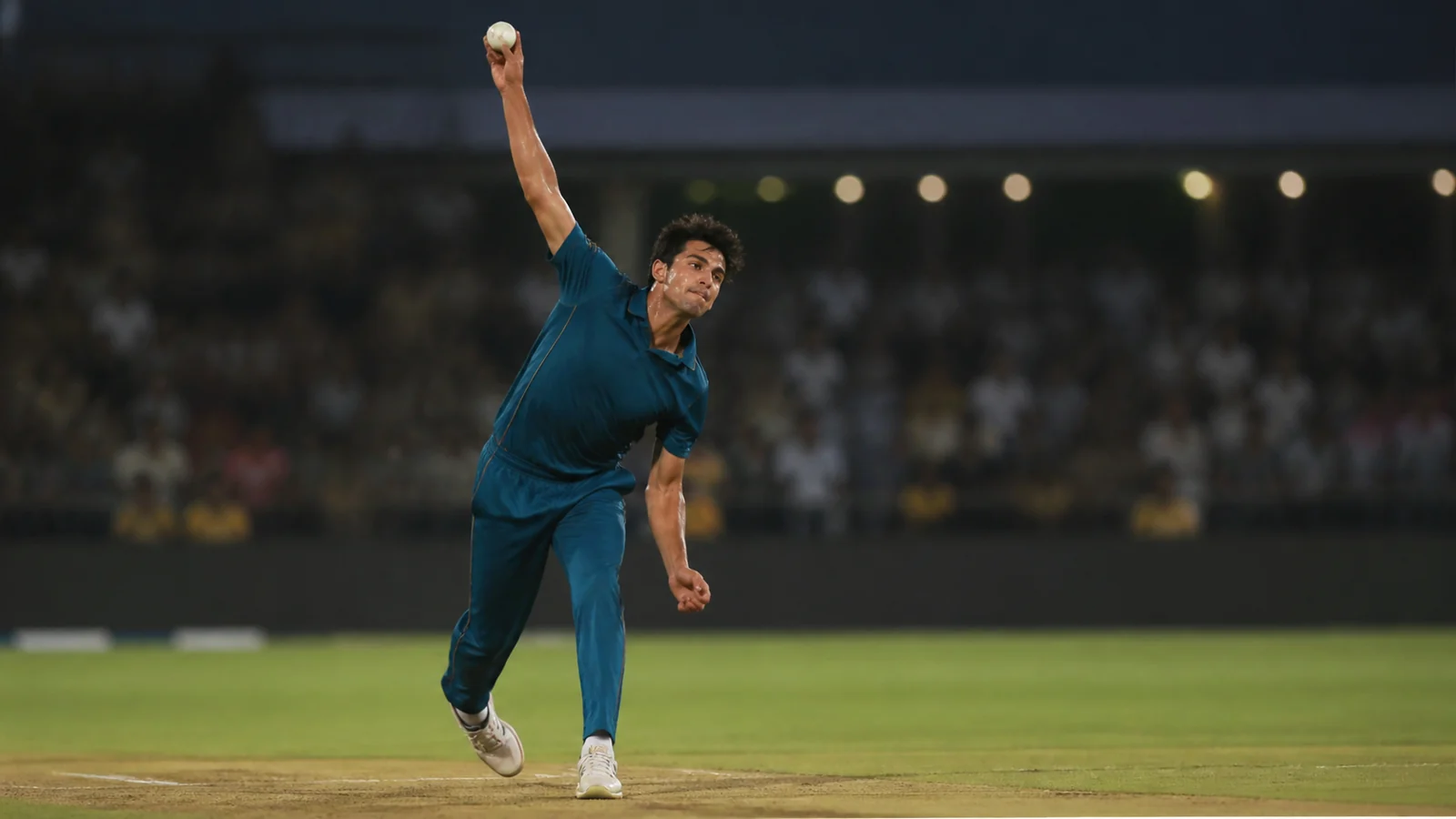 A fictional ODI fast bowler delivering a white cricket ball under stadium lights A fictional ODI fast bowler delivering a white cricket ball under stadium lights