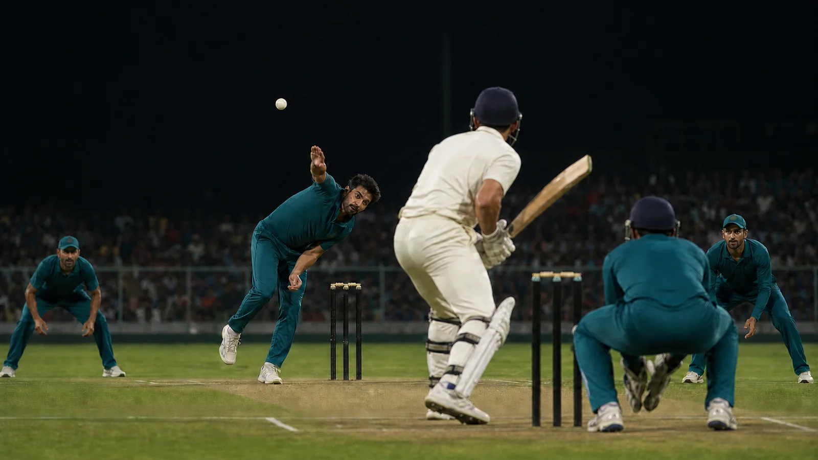 A fictional ODI spin bowler delivering a white ball on a floodlit cricket ground