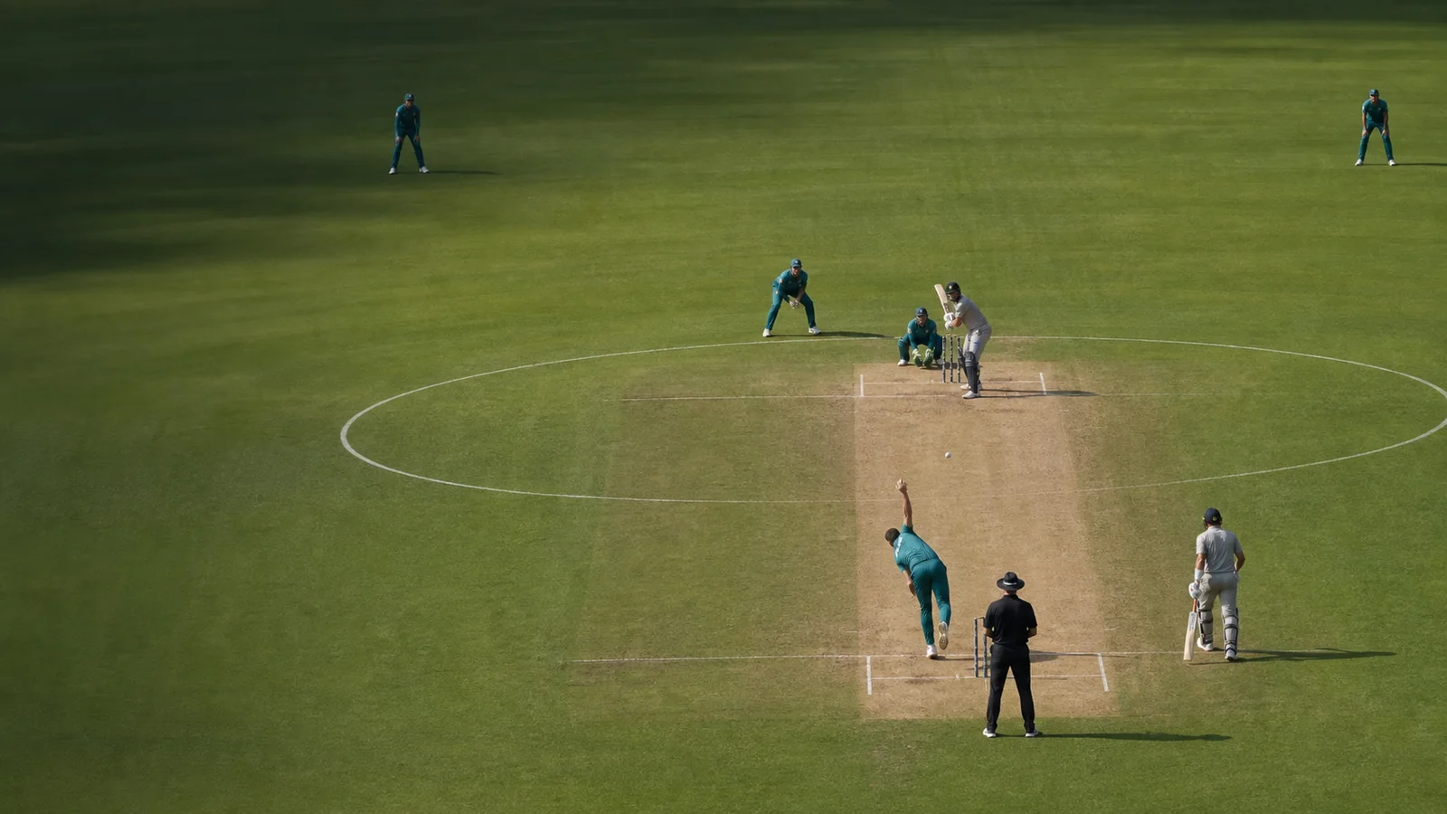 A fictional new-ball bowler delivers with one slip, a visible inner circle and two deep fielders