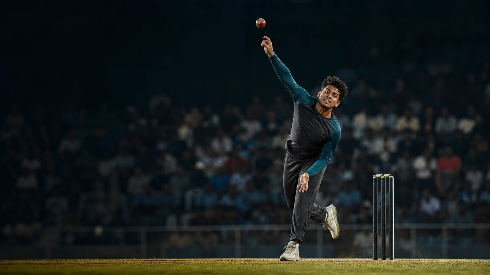 A fictional fast bowler releasing an old red cricket ball under stadium lights