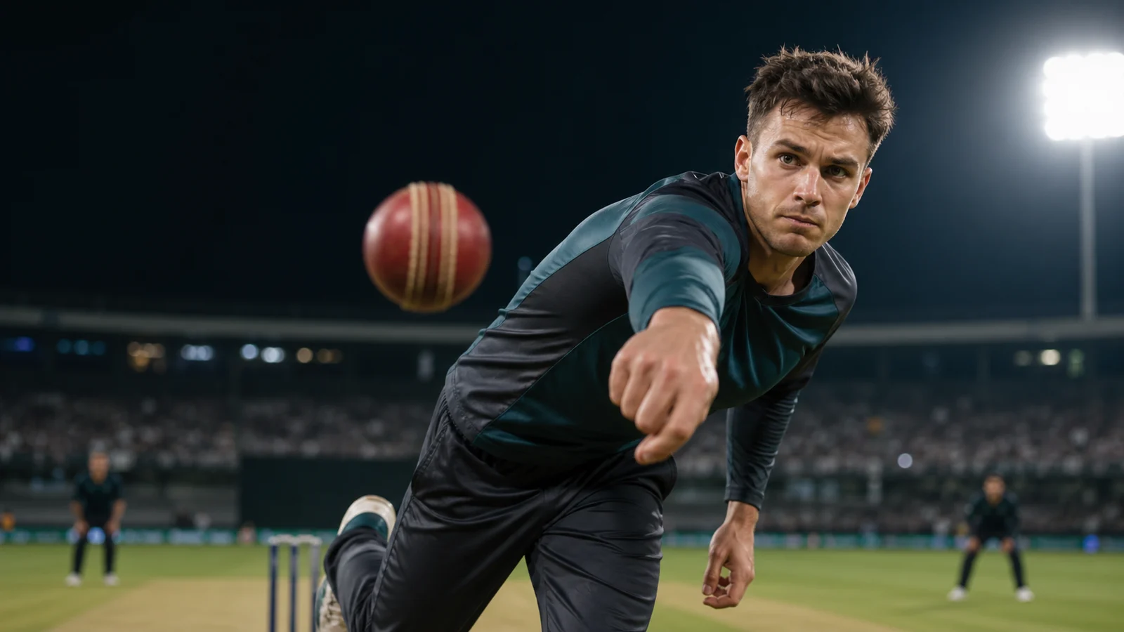 A fictional fast bowler releasing a red cricket ball with its seam upright A fictional fast bowler releasing a red cricket ball with its seam upright