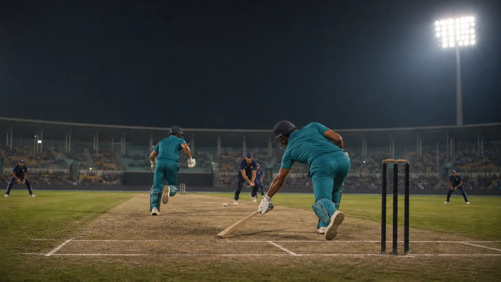 Two fictional batters run hard between the wickets during an evening chase