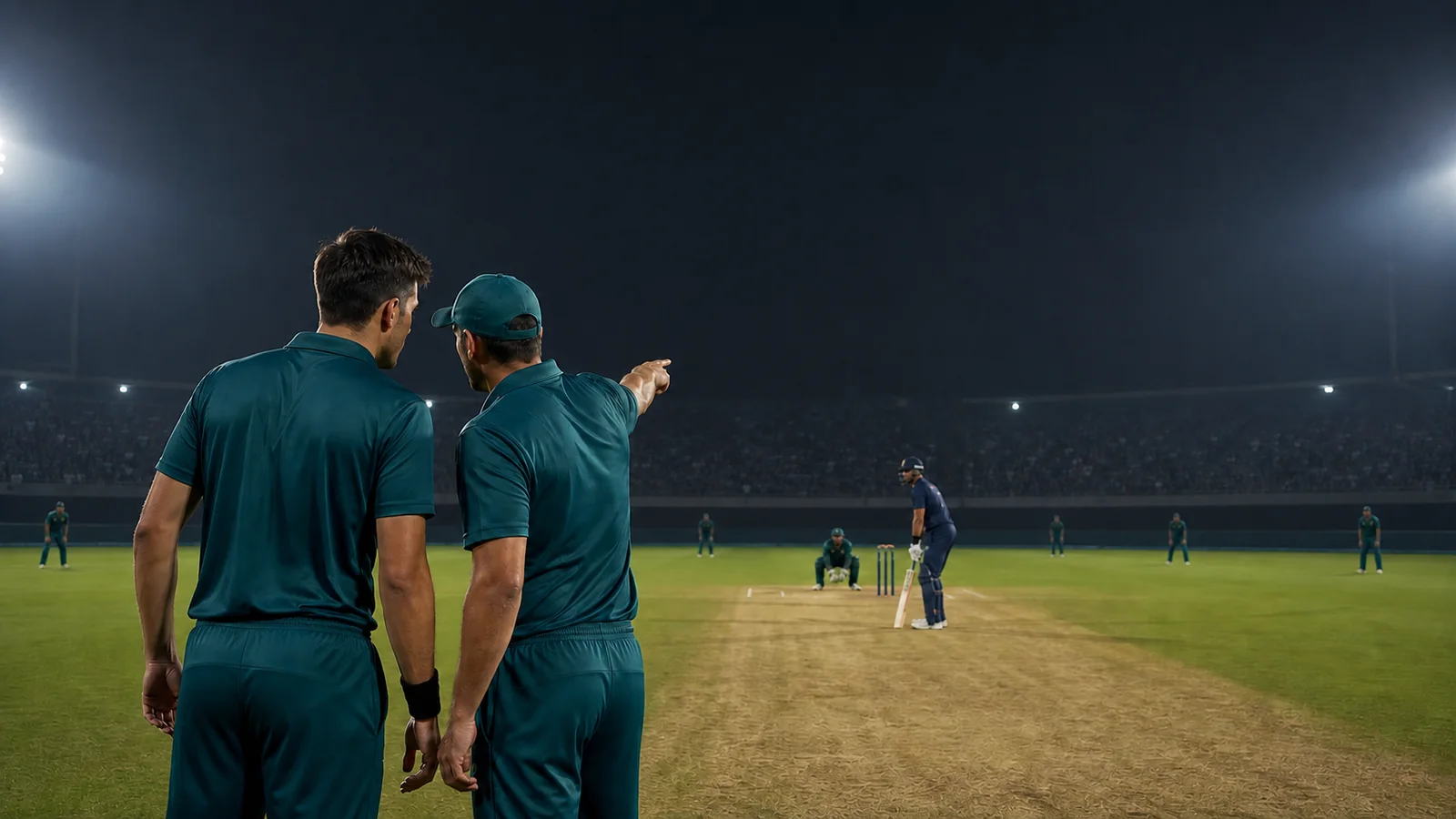 A fictional cricket captain and fast bowler coordinate field positions while defending a total