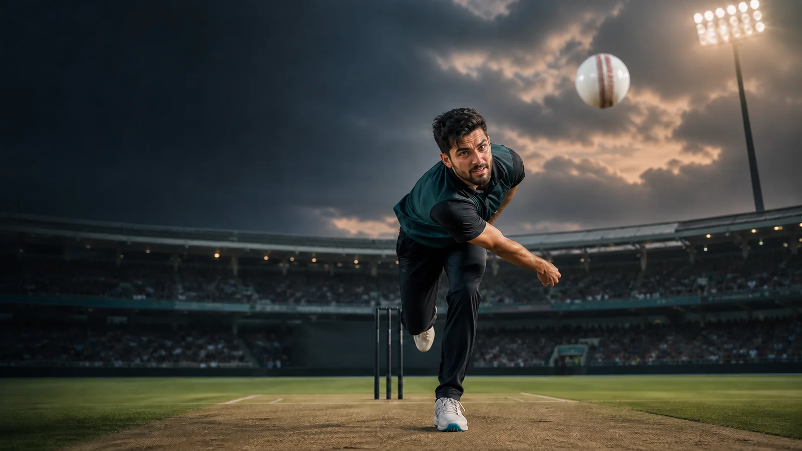 A fictional fast bowler releasing a white cricket ball with the seam upright A fictional fast bowler releasing a white cricket ball with the seam upright