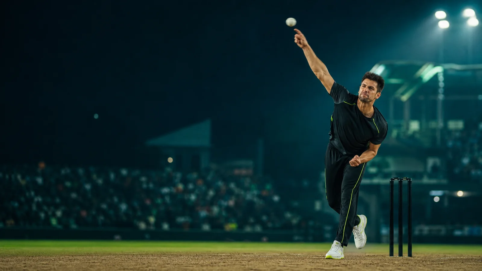 A fictional fast bowler delivering a white ball in a night T20 match A fictional fast bowler delivering a white ball in a night T20 match