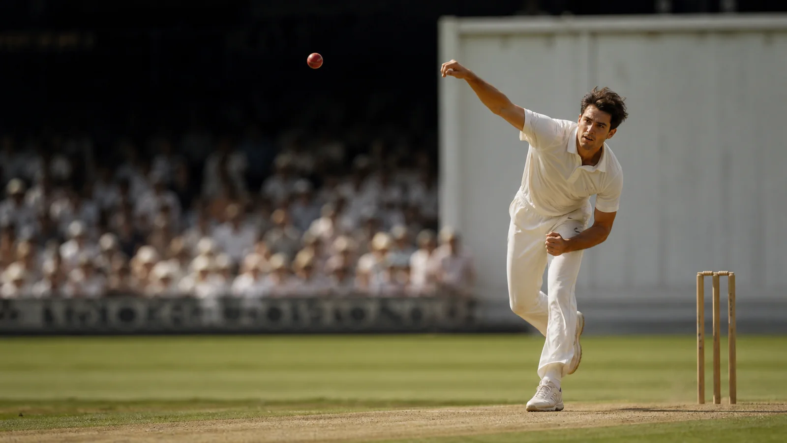 A fictional Test fast bowler releasing a red cricket ball on a sunlit cricket ground A fictional Test fast bowler releasing a red cricket ball on a sunlit cricket ground