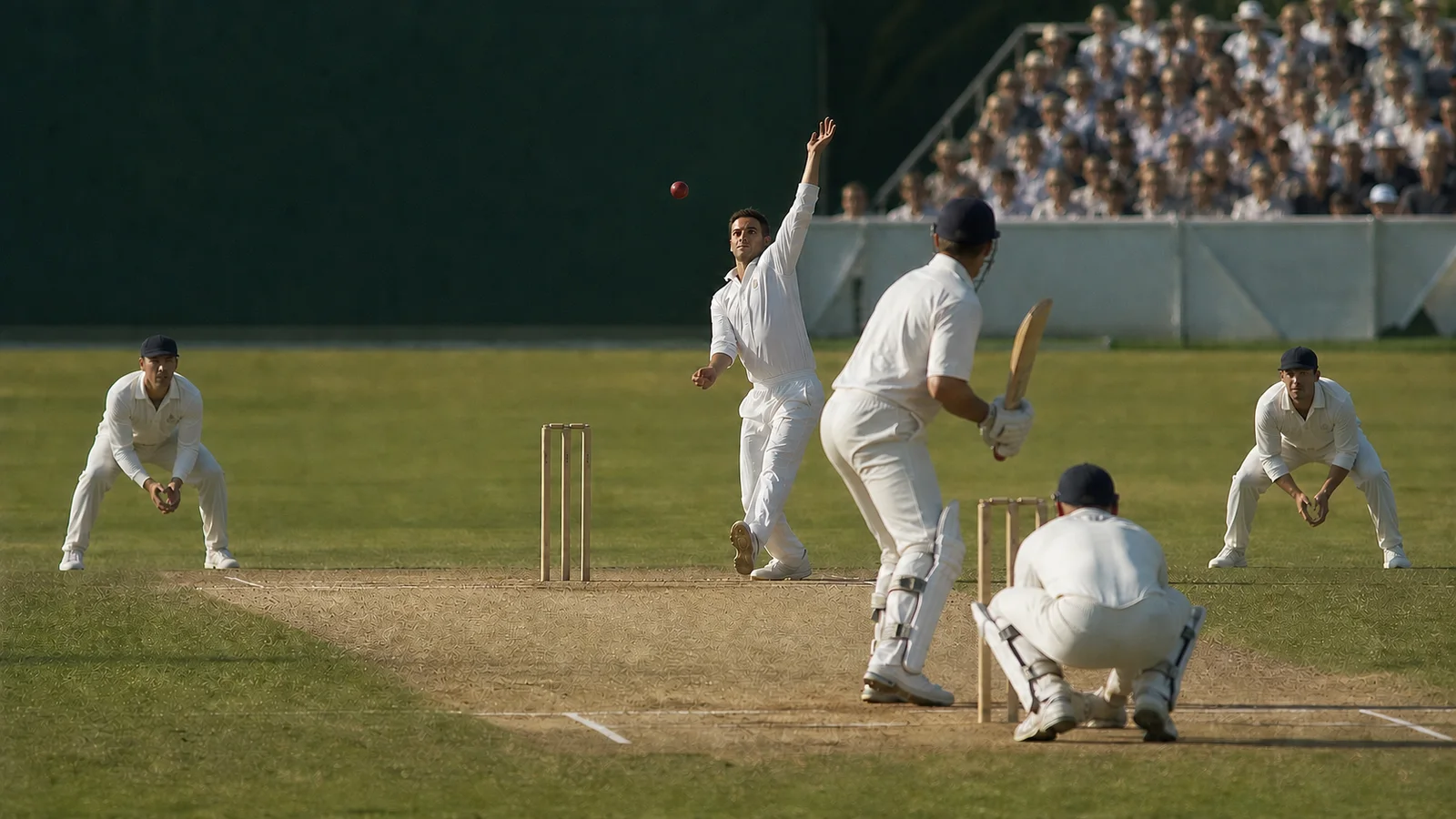 A fictional Test spin bowler delivering a red ball as close fielders wait