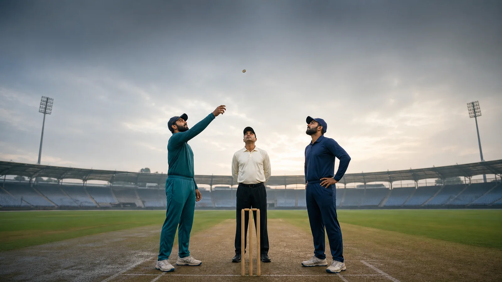 Two fictional cricket captains and an umpire watch a coin during the toss