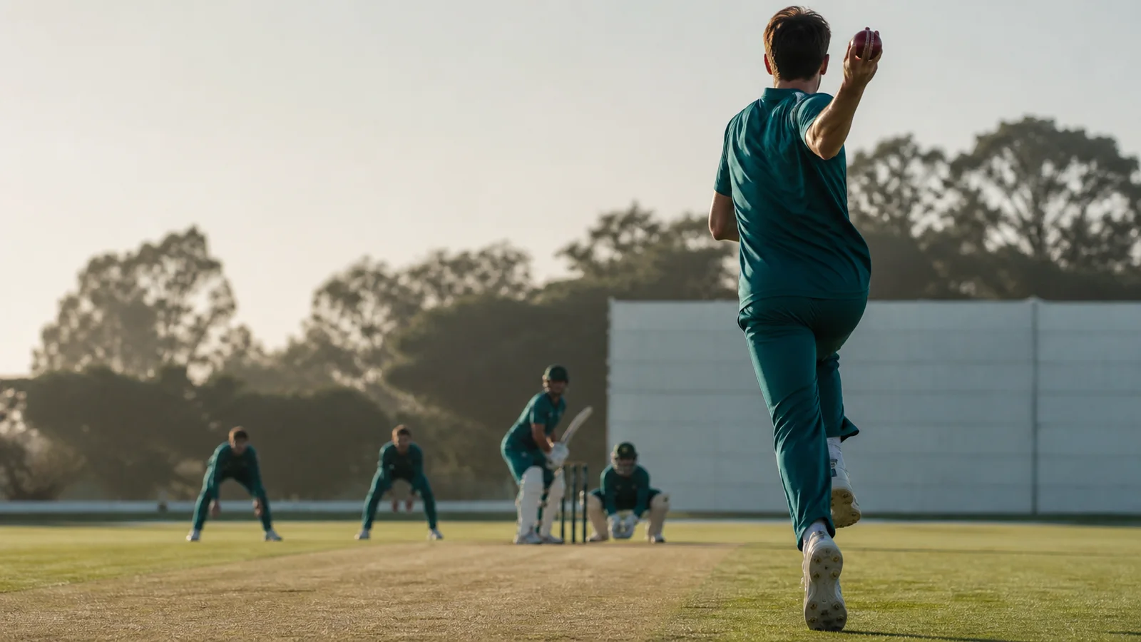 A fictional fast bowler runs in with a new red cricket ball as slips and wicketkeeper wait behind the batter