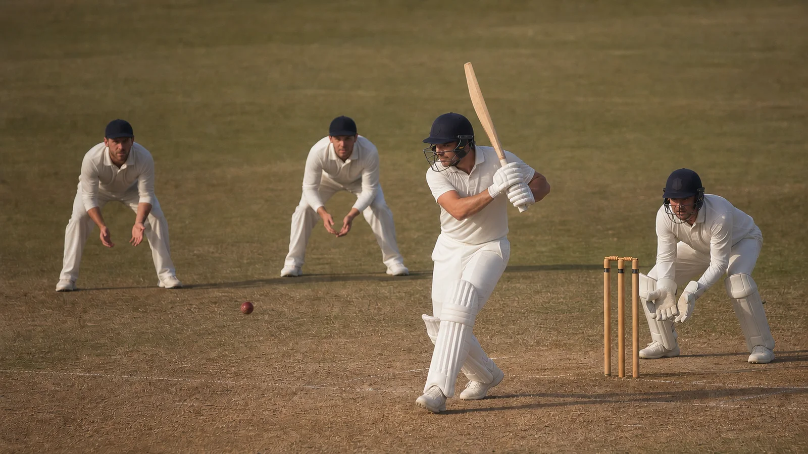 A fictional Test batter calmly leaves a red ball outside off stump with wicketkeeper and slips waiting