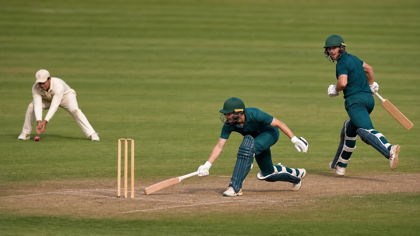 Two fictional cricket batters complete a quick single while an inner-ring fielder gathers the ball