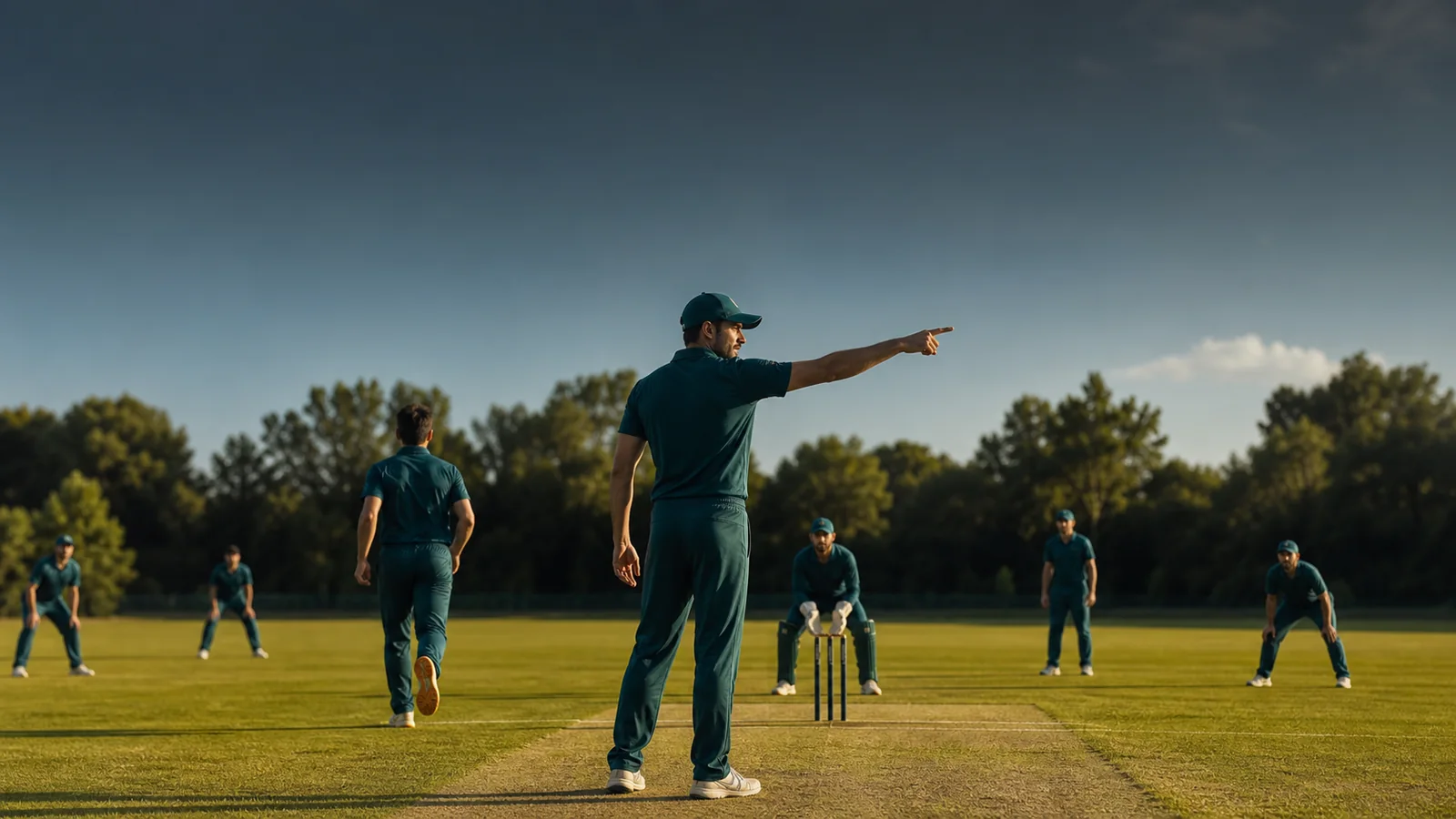 A fictional cricket captain points to reposition fielders around a sunlit pitch