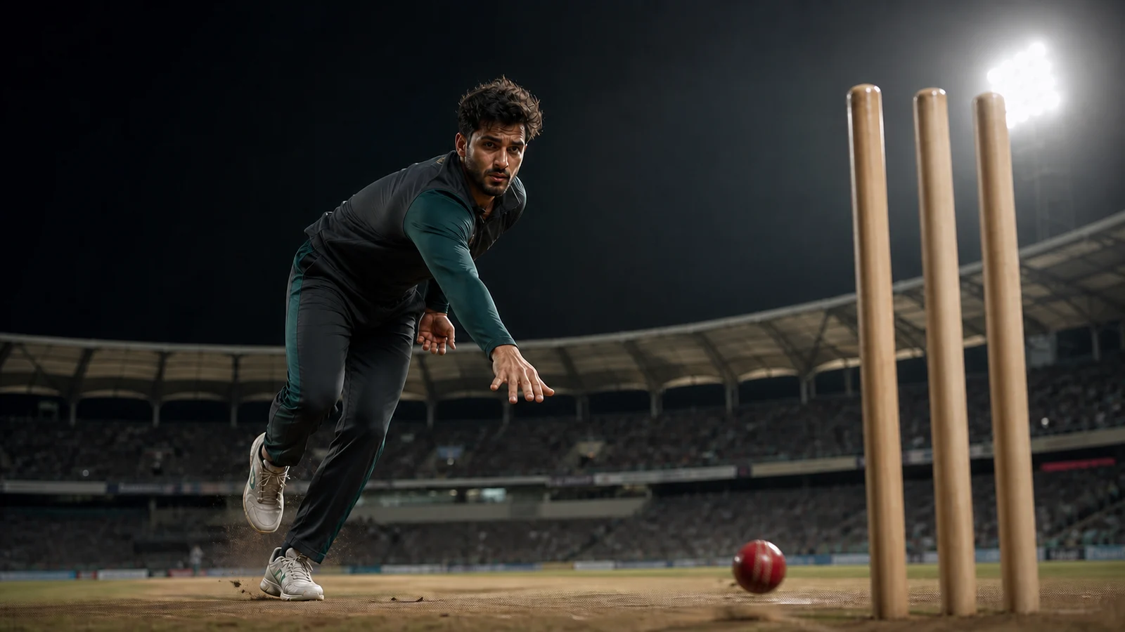 A fictional fast bowler delivering a full ball toward the base of the stumps A fictional fast bowler delivering a full ball toward the base of the stumps