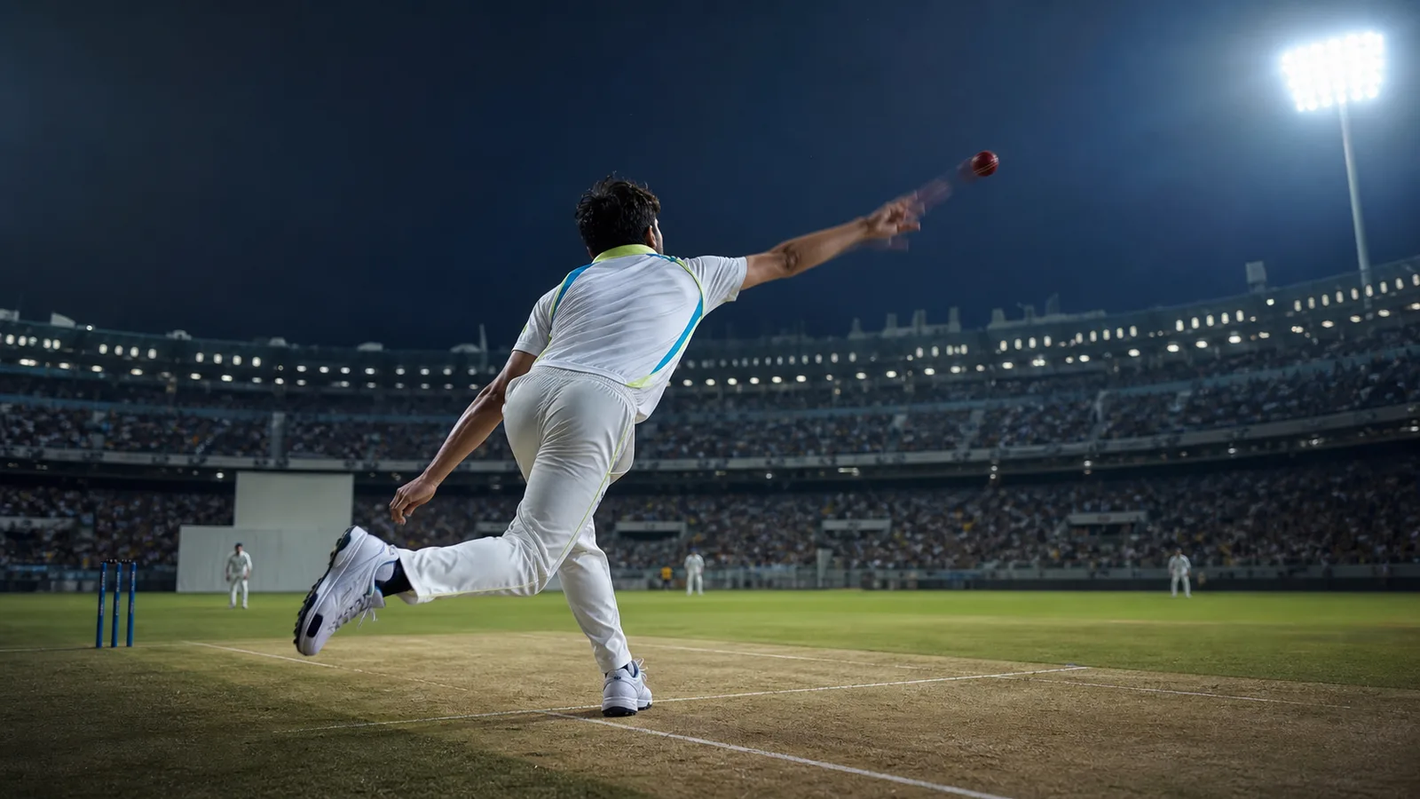 A fictional fast bowler releasing a red cricket ball under stadium floodlights A fictional fast bowler releasing a red cricket ball under stadium floodlights