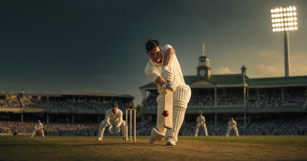 A fictional batter in unbranded cricket whites playing a straight drive on a traditional ground