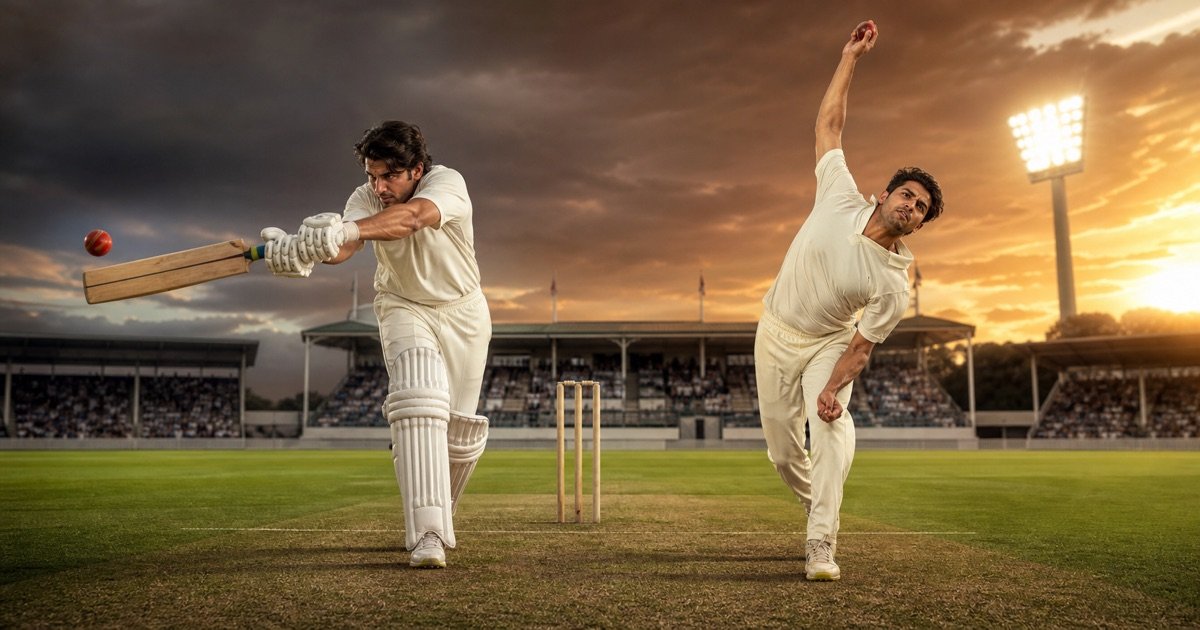 A fictional cricket all-rounder shown batting and bowling on a professional ground A fictional cricket all-rounder shown batting and bowling on a professional ground