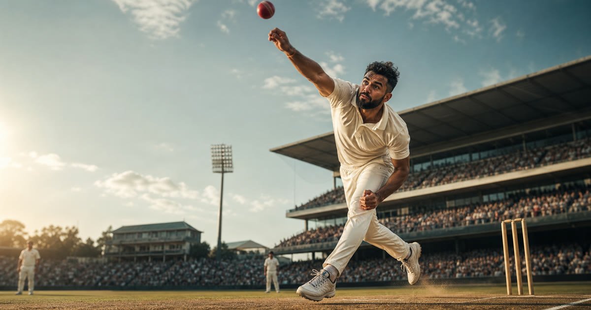 A fictional fast bowler delivering a red cricket ball in a crowded stadium A fictional fast bowler delivering a red cricket ball in a crowded stadium