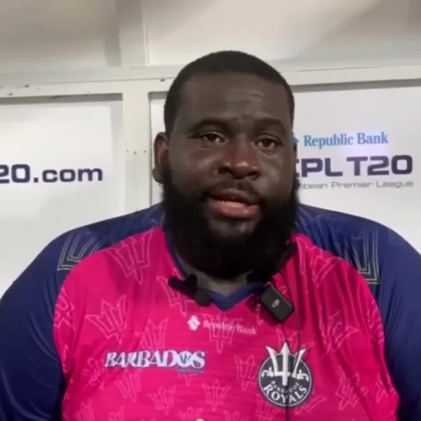Rahkeem Cornwall portrait in Barbados Royals 2023 CPL match shirt