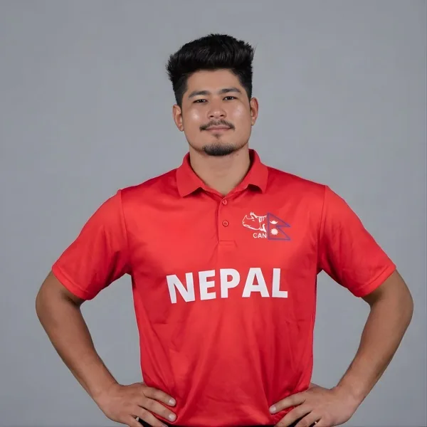 Lokesh Bam portrait in Nepal national team red playing shirt