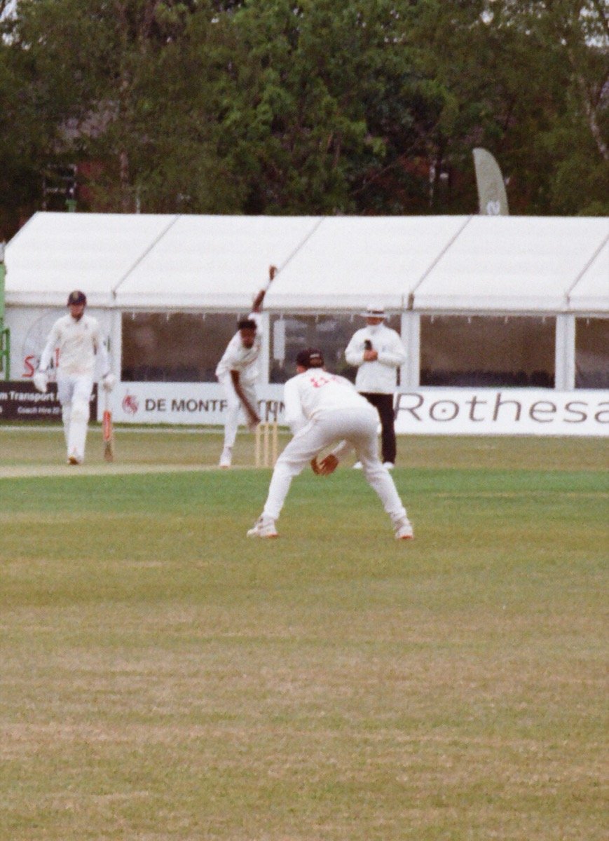 Blessing Muzarabani bowling against the Professional Cricketers' Association XI at Grace Road in 2025