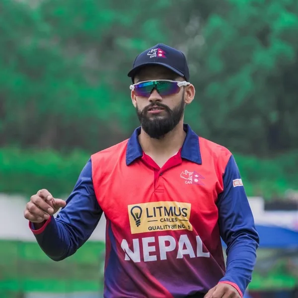 Kushal Bhurtel portrait in Nepal national team 2022 playing shirt