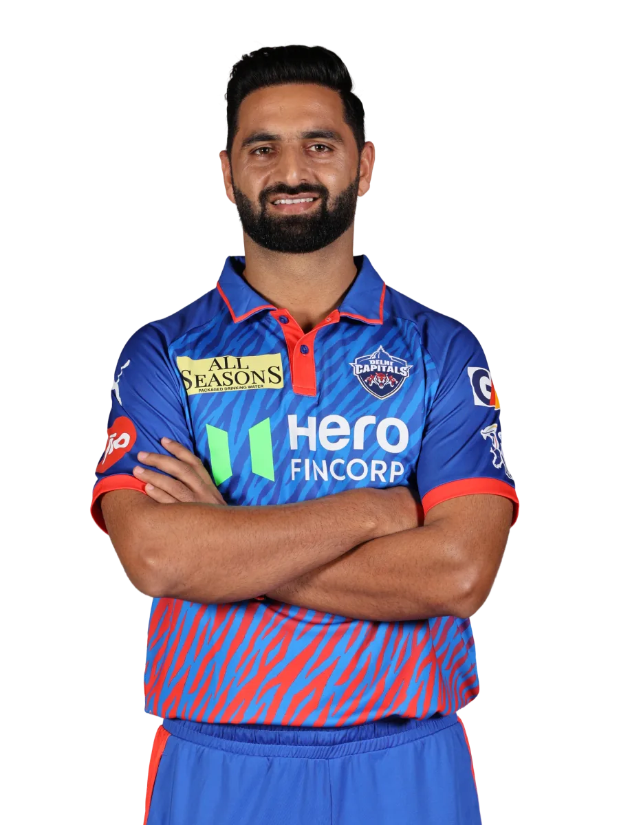 Auqib Nabi portrait in Official Delhi Capitals current squad shirt