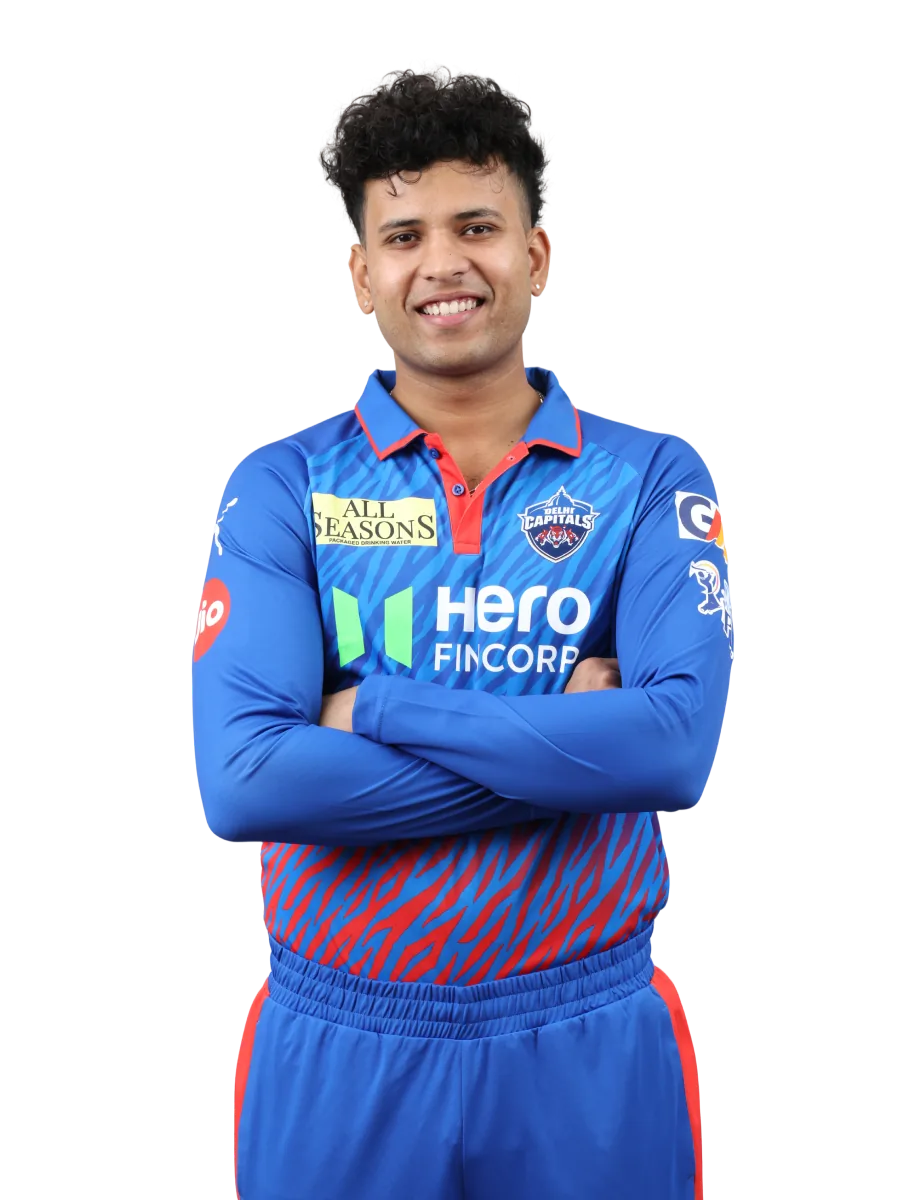 Madhav Tiwari portrait in Official Delhi Capitals current squad shirt