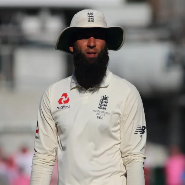 Moeen Ali portrait in England Ashes Test playing shirt and sun hat
