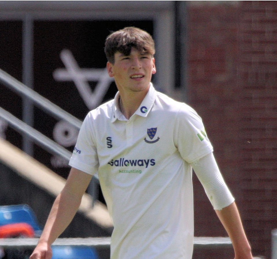 Henry Crocombe bowling for Sussex against Yorkshire in June 2021