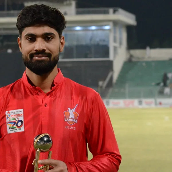 Qasim Akram portrait in Lahore Region Blues 2024/25 National T20 Cup match shirt