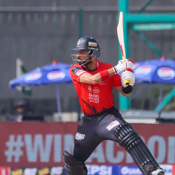 Asif Ali portrait in Lahore Qalandars 2026 HBL PSL red match shirt