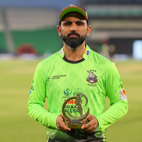 Fakhar Zaman portrait in Lahore Qalandars 2026 HBL PSL green match shirt