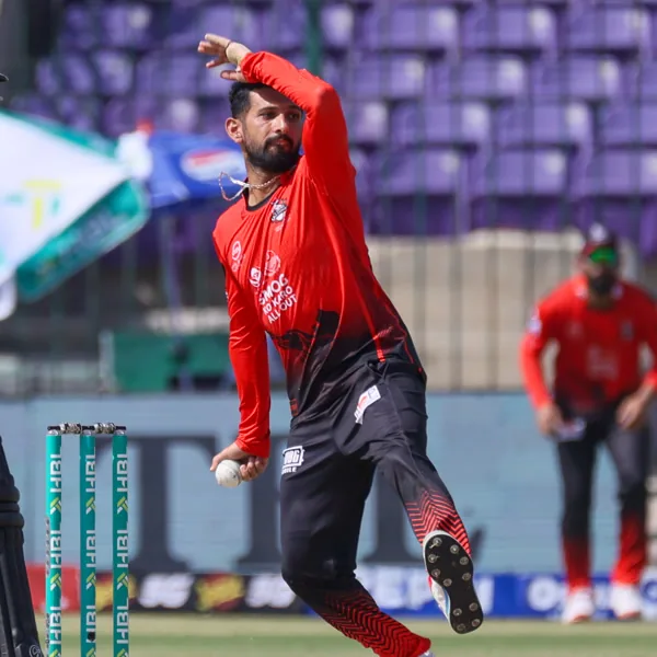 Mustafizur Rahman portrait in Lahore Qalandars 2026 HBL PSL red match shirt