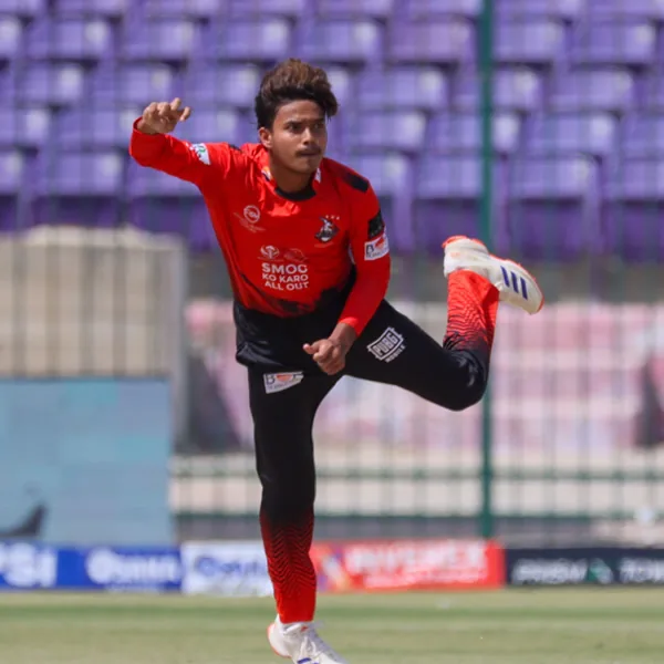 Ubaid Shah portrait in Lahore Qalandars 2026 HBL PSL red match shirt