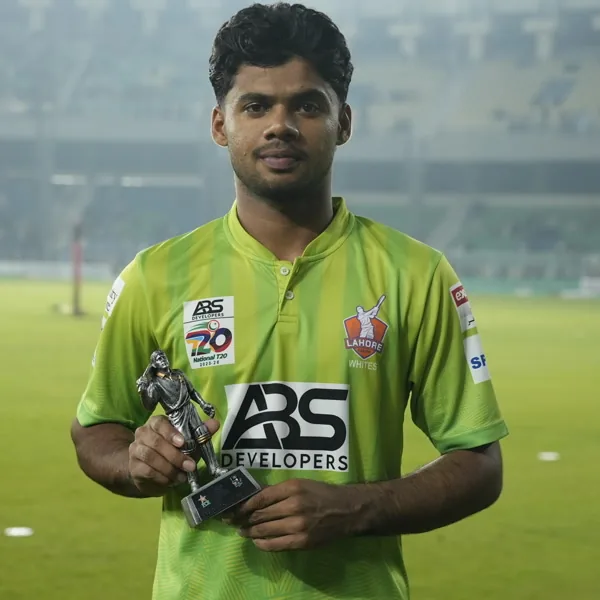 Farhan Yousaf portrait in Lahore Region Whites 2025/26 National T20 Cup match shirt