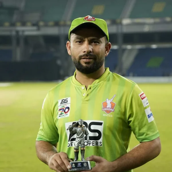 Muhammad Akhlaq portrait in Lahore Region Whites 2025/26 National T20 Cup match shirt
