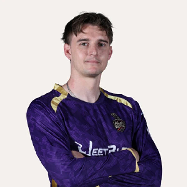 Carmi le Roux portrait in Official Los Angeles Knight Riders 2026 squad shirt Carmi le Roux portrait in Official Los Angeles Knight Riders 2026 squad shirt